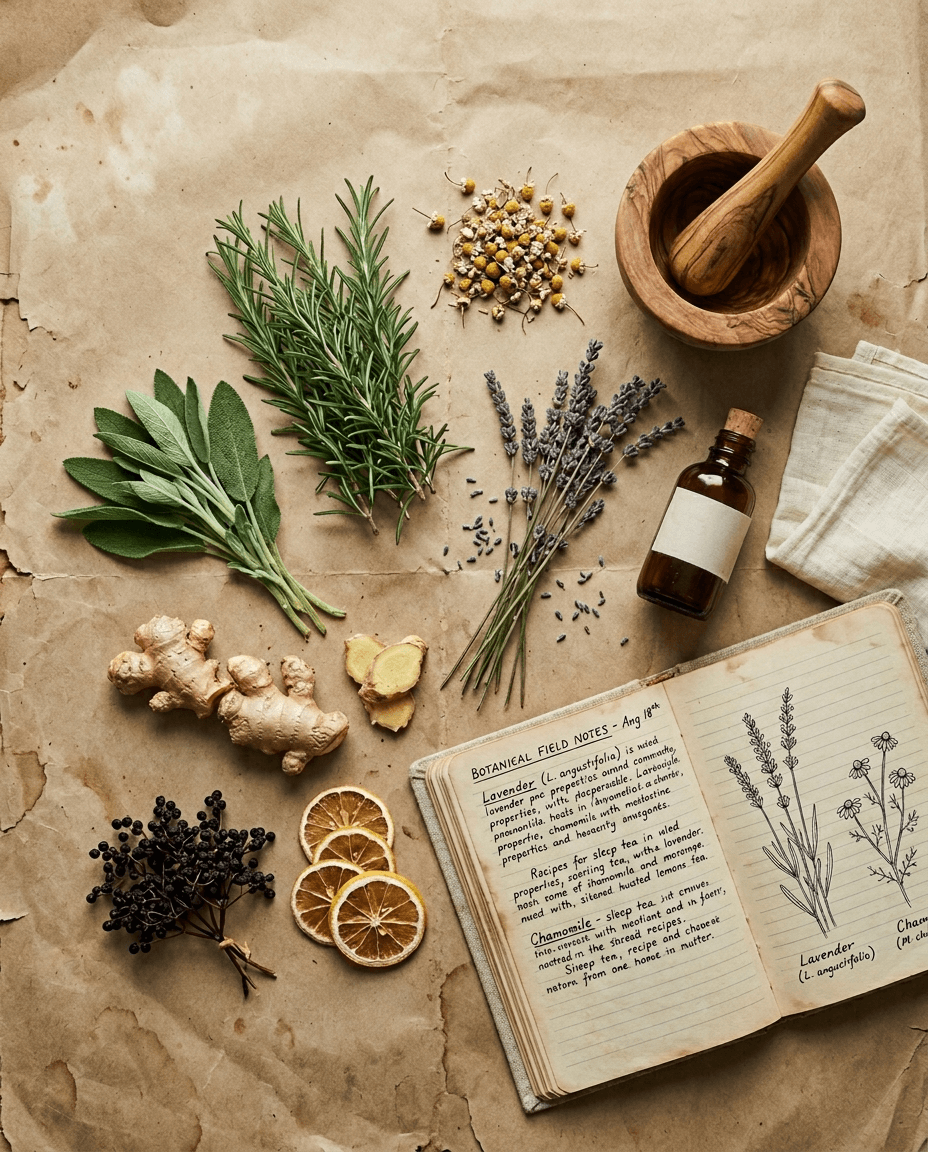 Overhead arrangement of fresh and dried botanicals on a herbalist's bench